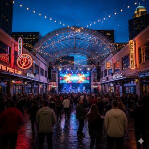 A vibrant night shot of the KC Live! Block in the Power & Light District.