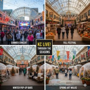 Kensas City Live summer concerts, fall festivals, winter pop-up bars, and spring art walks.
